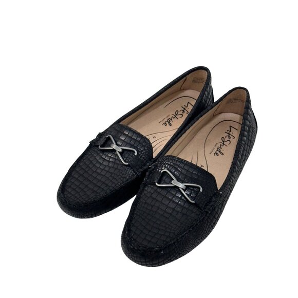 LifeStride Womens Black Crocodile-Embossed Loafers Silver Buckle Detail Size 10M - Picture 9 of 14